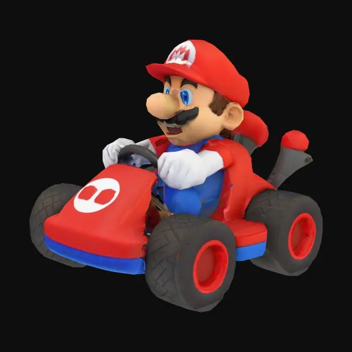 3D model for "Crée une voiture dans le style de Mario Kart, comme celle de Mario, avec Mario dedans."