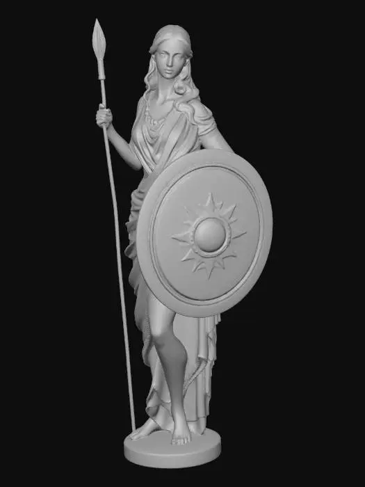 3D model for Ultra realistisch, Ultra gedetailleerd, 4k, Standbeeld van een slanke vrouw, 21 jaar, Lang bruin haar, Grote ronde stevige borsten, Zachte uitstraling, gekleed in een wit laken, haar benen zijn bloot, Ze staat recht op met haar hoofd gedraaid naar recht omdat ze met iemand praat, Ze heeft speer in haar hand, en een schild in haar andere hand, Het standbeeld is gemaakt van wit kalksteen #vrouwelijk #standbeeld #schoonheid #game ready