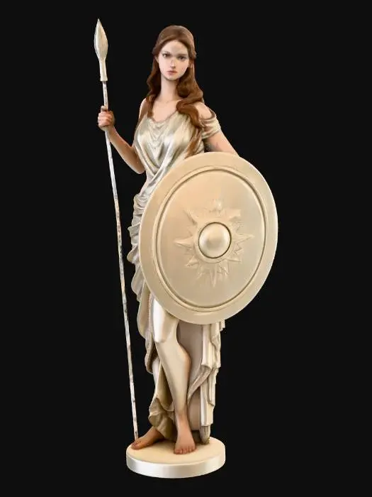 3D model for Ultra realistisch, Ultra gedetailleerd, 4k, Standbeeld van een slanke vrouw, 21 jaar, Lang bruin haar, Grote ronde stevige borsten, Zachte uitstraling, gekleed in een wit laken, haar benen zijn bloot, Ze staat recht op met haar hoofd gedraaid naar recht omdat ze met iemand praat, Ze heeft speer in haar hand, en een schild in haar andere hand, Het standbeeld is gemaakt van wit kalksteen #vrouwelijk #standbeeld #schoonheid #game ready