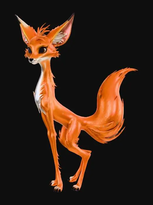 3D model for My body is slender and athletic, with a lean, fox-like build. My skin has a warm, golden undertone, with intricate silver markings that resemble the constellations in the night sky. My eyes are a deep, rich brown that seem to sparkle with mischief, and my ears are pointed and delicate, as if they're constantly perked up to catch a whisper. I have a small nose and full lips, and my hair is wild and unruly, with tendrils that seem to move of their own accord. When I walk, my tail swishes back and forth behind me, leaving a trail of glittering silver sparks in its wake.