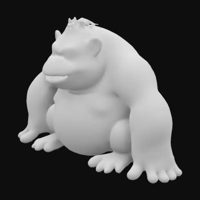 3D model for 一只肥胖懒惰的大猩猩，身体和四肢有浅棕色的毛，但是肚子和胸口是裸露皮肤的，头部有灰白色的毛发，一直延伸到肩膀位置，从脖子开始围成类似伞面的一圈，头顶的白毛聚集成类似叶子的两片，发际线很高，有一张大嘴，嘴里有两颗向上的短尖牙，有一个粉色的猪鼻子，整体皮肤偏黄，没有背景