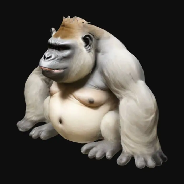 3D model for 一只肥胖懒惰的大猩猩，身体和四肢有浅棕色的毛，但是肚子和胸口是裸露皮肤的，头部有灰白色的毛发，一直延伸到肩膀位置，从脖子开始围成类似伞面的一圈，头顶的白毛聚集成类似叶子的两片，发际线很高，有一张大嘴，嘴里有两颗向上的短尖牙，有一个粉色的猪鼻子，整体皮肤偏黄，没有背景