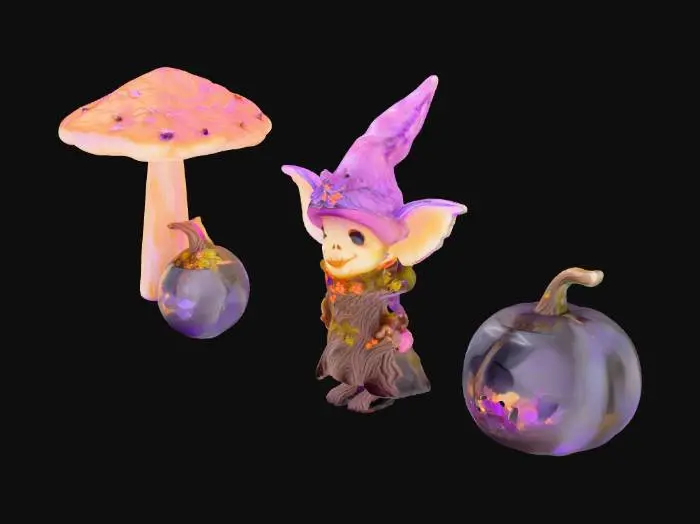 3D model for Une forêt enchantée avec une touche d'Halloween fantaisiste. Des arbres aux troncs lisses et aux feuilles scintillantes de teintes automnales vives (orange, or, pourpre), traversée par des chemins recouverts de champignons bioluminescents et de fleurs étranges. Des gremlins joyeusement malicieux aux couleurs vives, parés de petits chapeaux pointus et de capes feuillues, bondissent sur des lianes brillantes et se cachent derrière des roches de quartz, leurs yeux pétillants d'amusement.
Détails supplémentaires sur l'objet : Types de fleurs et de champignons, expression des visages des gremlins.