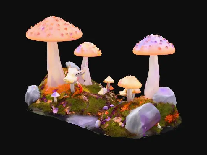 3D model for Une forêt enchantée avec une touche d'Halloween fantaisiste. Des arbres aux troncs lisses et aux feuilles scintillantes de teintes automnales vives (orange, or, pourpre), traversée par des chemins recouverts de champignons bioluminescents et de fleurs étranges. Des gremlins joyeusement malicieux aux couleurs vives, parés de petits chapeaux pointus et de capes feuillues, bondissent sur des lianes brillantes et se cachent derrière des roches de quartz, leurs yeux pétillants d'amusement.
Détails supplémentaires sur l'objet : Types de fleurs et de champignons, expression des visages des gremlins.