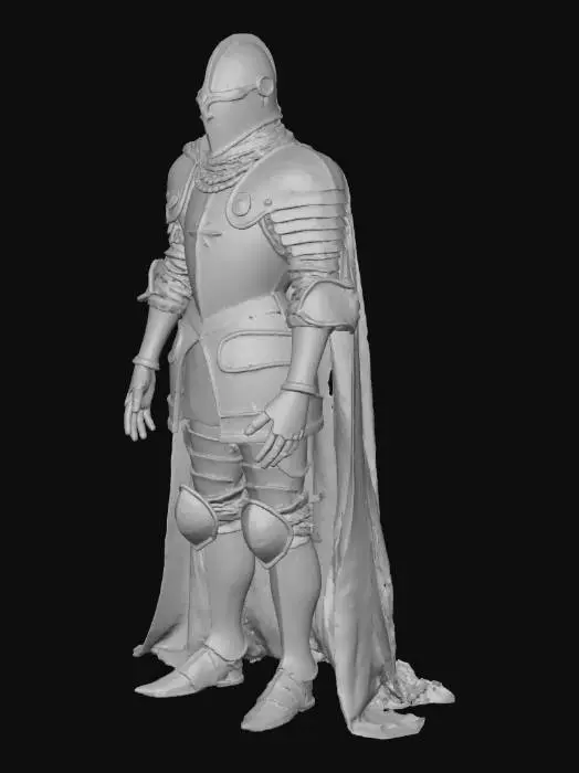 3D model for Un chevalier noble, son armure de plates en acier poli argenté reflétant une lumière chaude, ses joints articulés faits de cuir souple. Une cape en velours cramoisi drapée sur ses épaules, ajoutant une texture riche et un contraste de couleur. Le casque est orné de détails dorés fins, complétant l'éclat métallique. La structure est robuste et classique, évoquant la puissance médiévale.