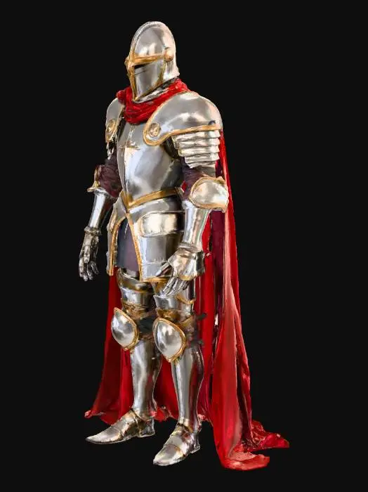 3D model for Un chevalier noble, son armure de plates en acier poli argenté reflétant une lumière chaude, ses joints articulés faits de cuir souple. Une cape en velours cramoisi drapée sur ses épaules, ajoutant une texture riche et un contraste de couleur. Le casque est orné de détails dorés fins, complétant l'éclat métallique. La structure est robuste et classique, évoquant la puissance médiévale.