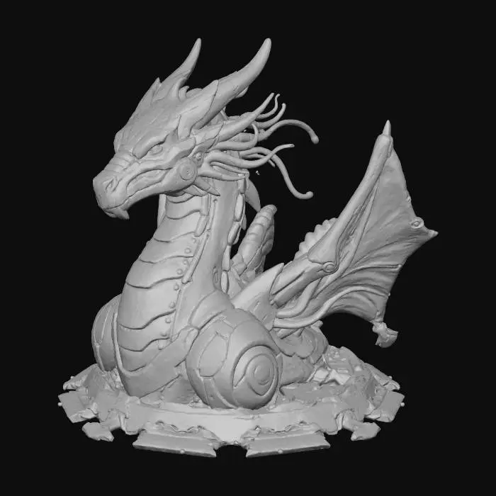 3D model for Un dragon robotique blanc et bleu aux yeux brillants, aux circuits complexes, dans un style d'art numérique, portrait détaillé, fond futuriste, haute résolution, fusion de technologie et de nature, éclat métallique, effet de lueur bleue et éclairage à contraste élevé.#Thanksgiving#