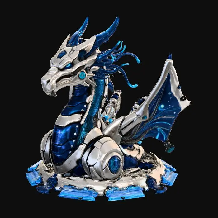 3D model for Un dragon robotique blanc et bleu aux yeux brillants, aux circuits complexes, dans un style d'art numérique, portrait détaillé, fond futuriste, haute résolution, fusion de technologie et de nature, éclat métallique, effet de lueur bleue et éclairage à contraste élevé.#Thanksgiving#