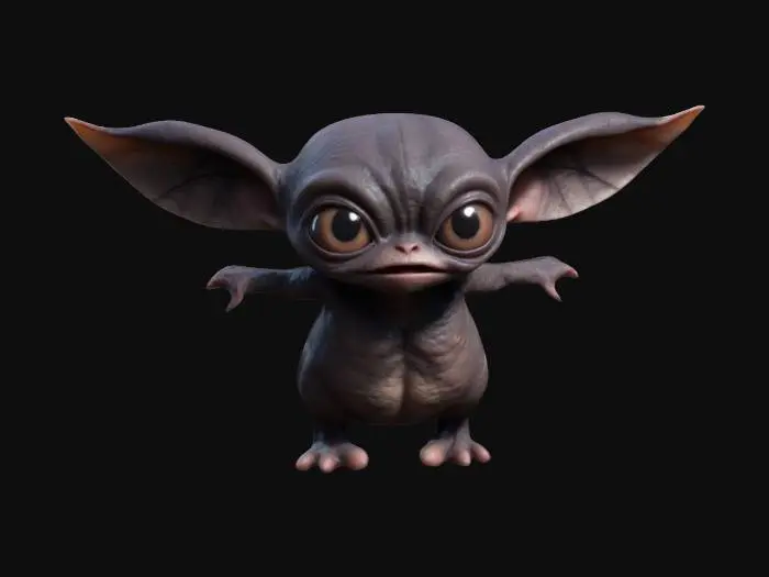 3D model for cute dark gremlin simple no shadows in a T-pose with arms outstretched, Highly Detailed, Ultra Realistic, Full Body, 4K texture, kawaii, #game#
