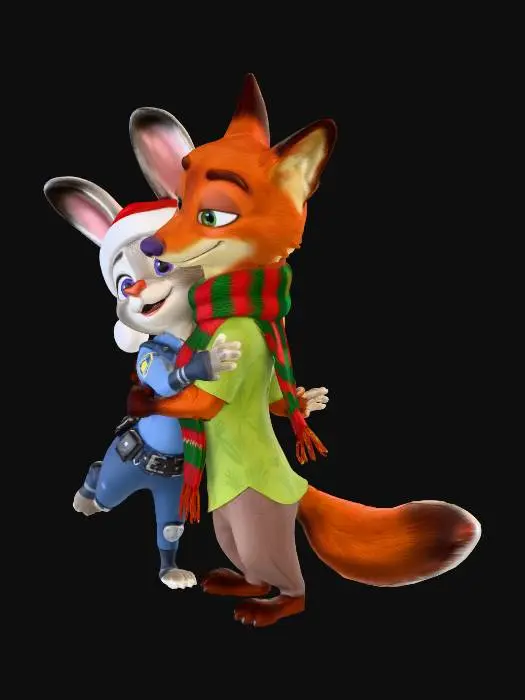 3D model for 生成一个疯狂动物城2中朱迪和尼克的拥抱图像，注意主题以圣诞节为主。