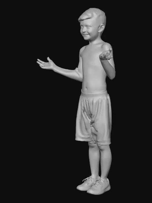 3D model for 3D cute young boy with taper fade haircut, big pixar style eyes, thats brown skin tone, wearing no shirt and long black shorts, pixar style, full body shot