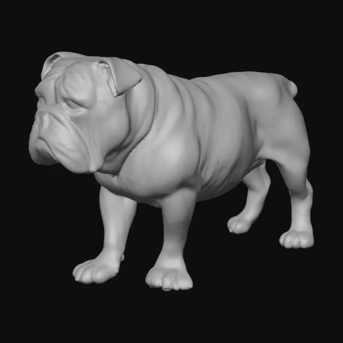 3D model for Stylized low-poly English bulldog for a horror game. Stocky body, broad shoulders, short legs. Wrinkled face with a short muzzle. Eyes completely pale grey to show blindness. Rough, slightly dirty fur texture in beige and brown tones. Neutral standing pose. Subtle scars and imperfections to add creepiness. Game-ready model, no accessories, realistic proportions but with a slightly exaggerated horror style.