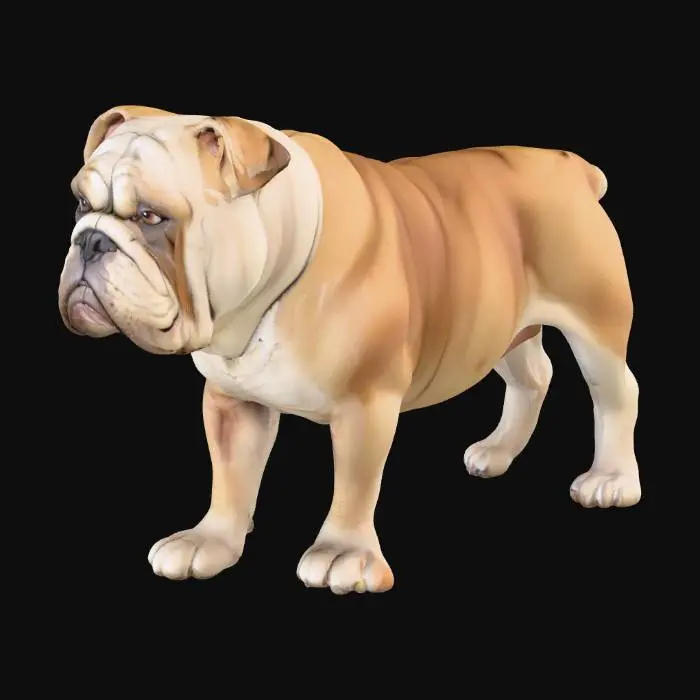 3D model for Stylized low-poly English bulldog for a horror game. Stocky body, broad shoulders, short legs. Wrinkled face with a short muzzle. Eyes completely pale grey to show blindness. Rough, slightly dirty fur texture in beige and brown tones. Neutral standing pose. Subtle scars and imperfections to add creepiness. Game-ready model, no accessories, realistic proportions but with a slightly exaggerated horror style.