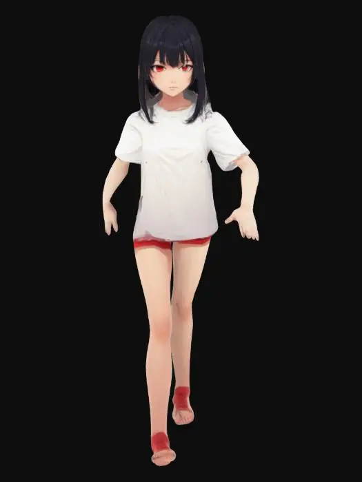 3D model for Pretty Anime girl with black hair and red eyes wearing shorts and a oversized t-shirt doing a T-Pose. The feet don't touch each other