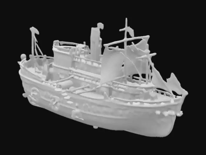 3D model for The object is a complex, intricately detailed steampunk-style haunted battleship with elaborate geometric shapes, numerous mechanical components, and a textured metallic surface featuring illuminated windows and intricate gears. on the hull and stern