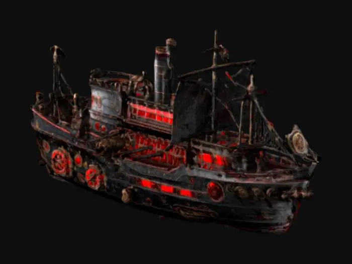 3D model for The object is a complex, intricately detailed steampunk-style haunted battleship with elaborate geometric shapes, numerous mechanical components, and a textured metallic surface featuring illuminated windows and intricate gears. on the hull and stern