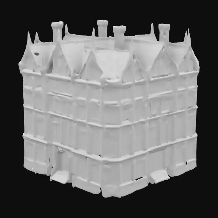 3D model for The object is a Gothic-style, multi-storied, and symmetrically structured mansion with intricate, ornate black woodwork. and electric green windows