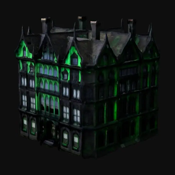 3D model for The object is a Gothic-style, multi-storied, and symmetrically structured mansion with intricate, ornate black woodwork. and electric green windows