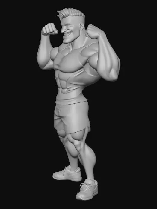 3D model for A low-poly cartoon gym bro character. He has exaggerated large biceps and a wide chest, wearing a tight tank top and gym shorts. He has a confident smirk on his face. Stylized, vibrant colors, like a character from a Roblox tycoon game. T-pose stance.