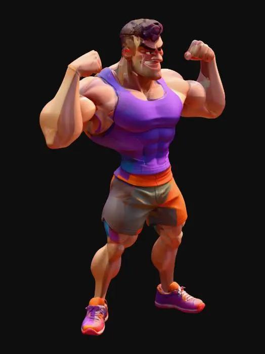 3D model for A low-poly cartoon gym bro character. He has exaggerated large biceps and a wide chest, wearing a tight tank top and gym shorts. He has a confident smirk on his face. Stylized, vibrant colors, like a character from a Roblox tycoon game. T-pose stance.
