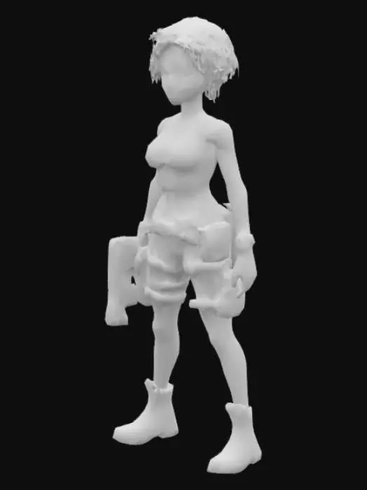 3D model for A 3D-rendered female adventurer inspired by Lara Croft, standing in a confident pose. She has smooth coffee-colored skin and an afro hairstyle with subtle red tints and highlights. She's dressed in tactical explorer gear—combat boots, fingerless gloves, a utility belt, and a modern tank top with cargo shorts. Her expression is fierce and determined, and she carries a high-tech pistol holstered at her side. 