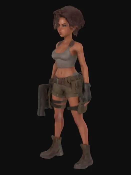 3D model for A 3D-rendered female adventurer inspired by Lara Croft, standing in a confident pose. She has smooth coffee-colored skin and an afro hairstyle with subtle red tints and highlights. She's dressed in tactical explorer gear—combat boots, fingerless gloves, a utility belt, and a modern tank top with cargo shorts. Her expression is fierce and determined, and she carries a high-tech pistol holstered at her side. 