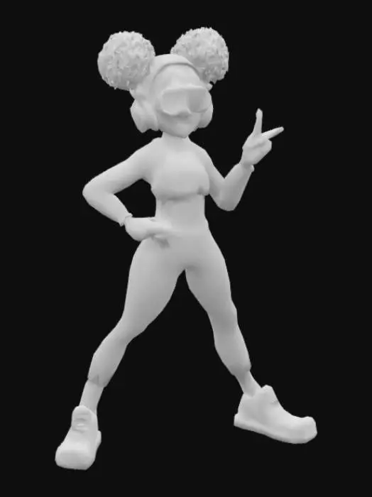 3D model for stylized 3D cartoon character of a confident young Black woman with coffee-colored skin, wearing futuristic red headphones, circular red sunglasses, and a sleek black crop top. She has a wide smile and is holding up a peace sign with her fingers. Her hair is styled in large, fluffy afro puffs with a modern twist, slightly floating. Her body is athletic yet cartoonish with exaggerated proportions. She wears fitted black pants with light blue accent lines and a bold, vibrant yellow sneakers aesthetic. Render in Pixar-like lighting, smooth shading, and in a A-pose for animation