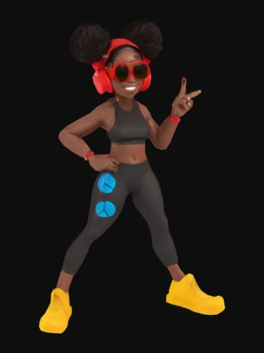 3D model for stylized 3D cartoon character of a confident young Black woman with coffee-colored skin, wearing futuristic red headphones, circular red sunglasses, and a sleek black crop top. She has a wide smile and is holding up a peace sign with her fingers. Her hair is styled in large, fluffy afro puffs with a modern twist, slightly floating. Her body is athletic yet cartoonish with exaggerated proportions. She wears fitted black pants with light blue accent lines and a bold, vibrant yellow sneakers aesthetic. Render in Pixar-like lighting, smooth shading, and in a A-pose for animation