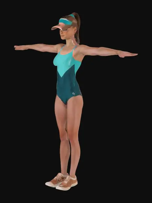 3D model for A young adult Caucasian female gymnast with a light wheatish skin tone and brown hair tied in a sleek ponytail. She is wearing a sporty sun visor hat and modern gymnastics clothes in vibrant shades of teal and coral, with the outfit covering her legs below the knees. She is standing in a T-pose, showcasing her outfit and form. She has a fit, graceful build and is wearing gym sneakers. The setting is a bright, airy gym with natural light that emphasizes her confident, athletic posture