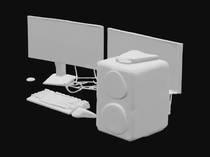 3D model for Cyberpunk theme computer setup with desk and multiple monitors