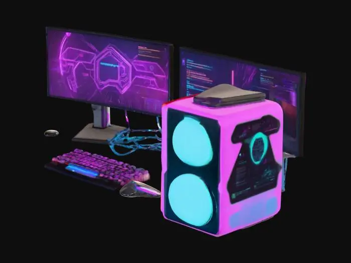 3D model for Cyberpunk theme computer setup with desk and multiple monitors