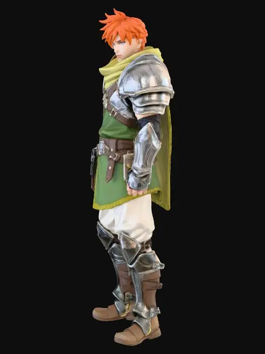3D model for Render a JRPG-style hero character as before — a young adult male with spiky orange hair, green and white linen clothing, brown leather boots,
and light leather and steel armor plating. He wears no cape and has a
lean, athletic build with a fair, youthful face.

Produce a 3D-ready, high-detail studio render of this exact character.


Use realistic materials and textures with soft ambient lighting evenly
illuminating the front and sides. Avoid deep shadows or motion blur.
The background should be a flat contrasting color (light gray if the
character is dark, dark gray if the character is light) for a clean
silhouette.
Composition: centered, full-body, neutral A-pose or relaxed stance,
clean studio lighting, balanced perspective, 3D asset showcase quality.