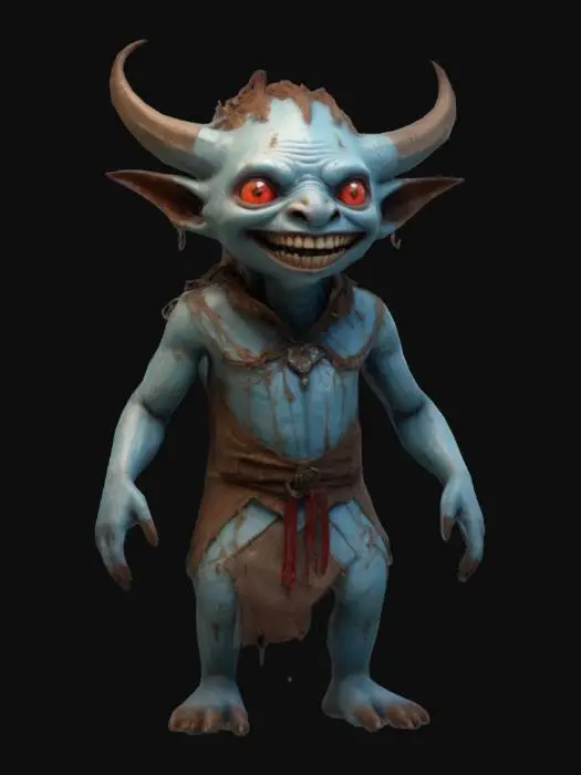 3D model for a fantastical creature that resembles a humanoid figure with a pale, blueish skin tone. It has long, pointed ears and a mane of hair that stands upright along its neck and shoulders. The creature's eyes are red and glowing, and it has a wide, toothy grin. It is wearing a brown, tattered outfit., #women#