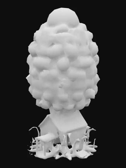 3D model for The object features a surreal tower composed of clustered, multicolored eyeballs with a glossy texture, cascading down from a larger central eye atop a small house, with tentacle-like protrusions extending from its base., #game figure#