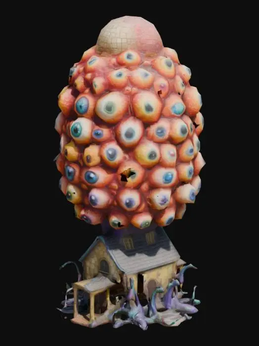 3D model for The object features a surreal tower composed of clustered, multicolored eyeballs with a glossy texture, cascading down from a larger central eye atop a small house, with tentacle-like protrusions extending from its base., #game figure#
