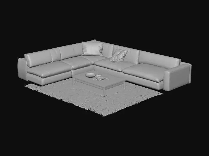 3D model for Minimal modern living room interior, studio background. One large floor-to-ceiling window wall with black metal mullion grid, rectangular panes, evenly spaced, thick frame. Outside the window is pure white/blank (no scenery). White plaster walls and white ceiling, light oak wooden floor planks. Left wall: simple stone fireplace feature wall, rectangular fire opening, low stone hearth. Center: large low-profile L-shaped modular sectional sofa, off-white fabric, rounded cushions, simple shape, no tufting. In front: low rectangular solid wood coffee table. Under sofa: large woven rug, beige/cream, no pattern. Clean geometry, model-friendly, mid-poly, separate objects (walls, floor, window frame, glass, fireplace, sofa, rug, table). Real-world scale, room about 10m x 7m x 3m.