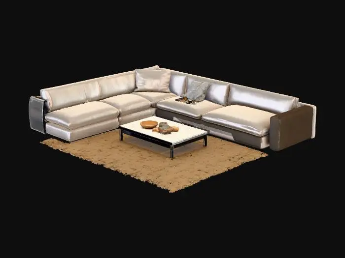 3D model for Minimal modern living room interior, studio background. One large floor-to-ceiling window wall with black metal mullion grid, rectangular panes, evenly spaced, thick frame. Outside the window is pure white/blank (no scenery). White plaster walls and white ceiling, light oak wooden floor planks. Left wall: simple stone fireplace feature wall, rectangular fire opening, low stone hearth. Center: large low-profile L-shaped modular sectional sofa, off-white fabric, rounded cushions, simple shape, no tufting. In front: low rectangular solid wood coffee table. Under sofa: large woven rug, beige/cream, no pattern. Clean geometry, model-friendly, mid-poly, separate objects (walls, floor, window frame, glass, fireplace, sofa, rug, table). Real-world scale, room about 10m x 7m x 3m.