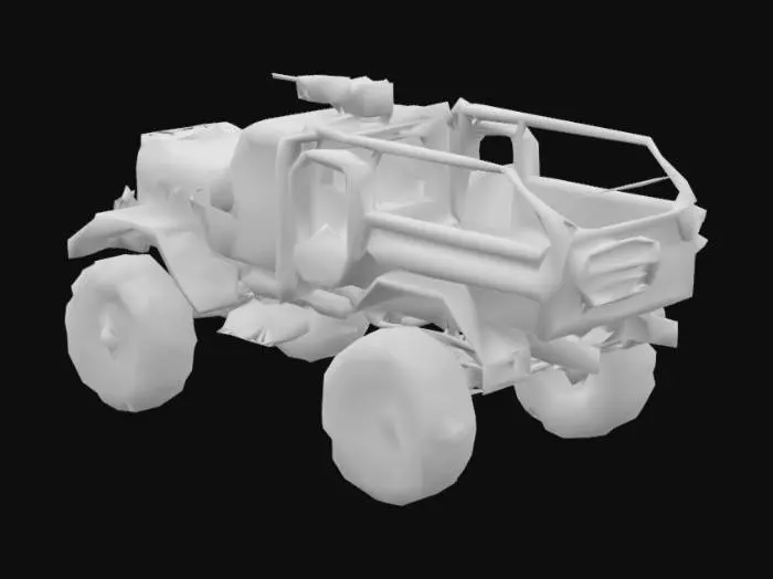 3D model for A rugged, post-apocalyptic heavy-duty truck with massive off-road wheels, reinforced steel armor plating, spiked grills, rusted textures, exposed engine parts, and mounted weapons like a turret or harpoon. The truck should look battle-worn, with patchwork metal, scavenged parts, and heavy suspension. Design should blend Mad Max style with military utility. Include a dirty, dusty look and a roll cage cabin with survival gear.

