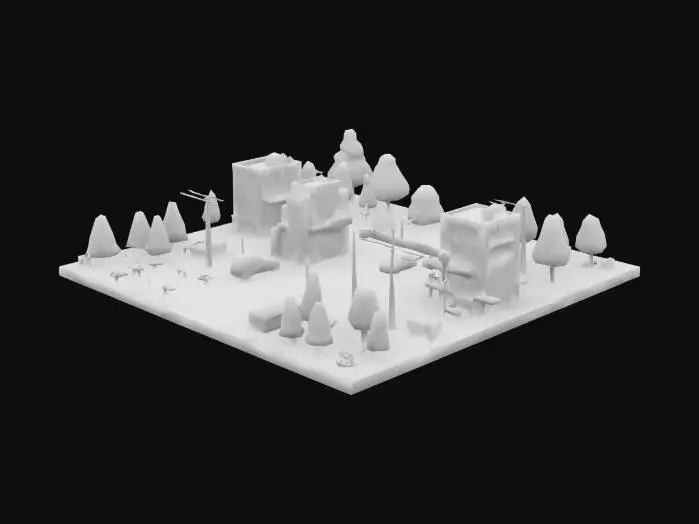 3D model for A clean, stylized low-poly modular city pack including roads, sidewalks, intersections, cars, trees, traffic lights, street signs, benches, mailboxes, and a variety of colorful buildings like apartments, shops, offices, and cafes. The style should be bright, cheerful, and minimalist with flat colors and no textures. All models should be low-poly, lightweight, and optimized for real-time use in mobile games and WebGL. Elements should be modular and grid-aligned for easy snapping in a city builder game. Include props like trash bins, parking meters, crosswalks, and public transport shelters to make the city feel lively and usable in casual or educational simulations.

