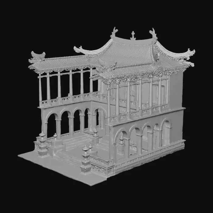 3D model for High-poly 3D model concept of an ancient Chinese imperial palace, inspired by traditional architecture from the Tang and Ming dynasties. Features include large curved tiled roofs with golden ridge decorations, intricate wooden beam structures, red lacquered columns, stone stairways, and symmetrical courtyard layouts. The palace complex is surrounded by stone walls, ornamental archways, and traditional lanterns. Emphasis on high detail and cinematic realism, with weathered textures on roof tiles, carved woodwork, and faded paint on pillars. Ideal for historical reconstructions or film-quality rendering.