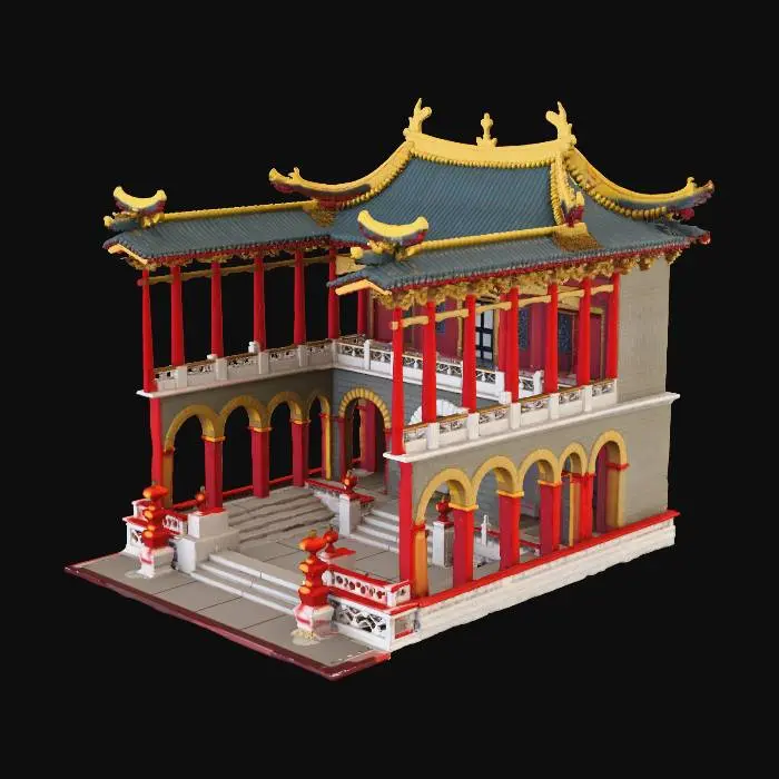 3D model for High-poly 3D model concept of an ancient Chinese imperial palace, inspired by traditional architecture from the Tang and Ming dynasties. Features include large curved tiled roofs with golden ridge decorations, intricate wooden beam structures, red lacquered columns, stone stairways, and symmetrical courtyard layouts. The palace complex is surrounded by stone walls, ornamental archways, and traditional lanterns. Emphasis on high detail and cinematic realism, with weathered textures on roof tiles, carved woodwork, and faded paint on pillars. Ideal for historical reconstructions or film-quality rendering.