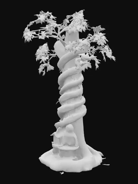 3D model for [Sherbrooke] Anicent wooden tower made of spiraling wooden branches of maple trees, with red maple leafs all over and a small ancient round rock temple in the center, where a beaver is dressed like a buddhist monk meditating #AroundTheWorld#