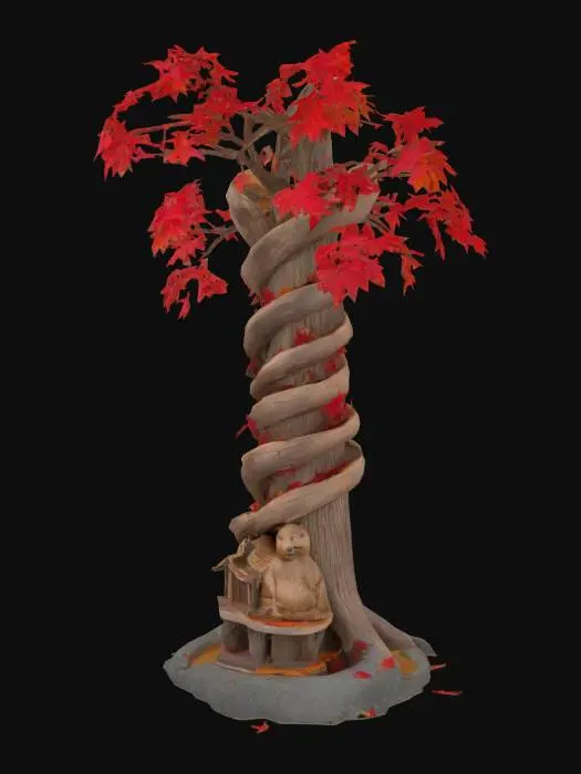 3D model for [Sherbrooke] Anicent wooden tower made of spiraling wooden branches of maple trees, with red maple leafs all over and a small ancient round rock temple in the center, where a beaver is dressed like a buddhist monk meditating #AroundTheWorld#