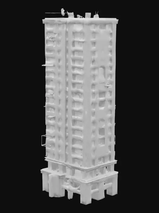 3D model for An imposing, unfinished skyscraper, its concrete skeleton partially exposed and stained with age, presents a rugged, brutalist aesthetic. Sections are clad with mismatched, dirty window panes, some shattered or missing, revealing dark, cavernous interiors. The building's surfaces show weathered concrete textures, with rebar protruding and debris scattered on ledges, giving it a decaying, rough tactile quality. Its shape is a tall, tapering rectangular tower, with stepped sections at the base, implying a partially completed or deconstructed form.