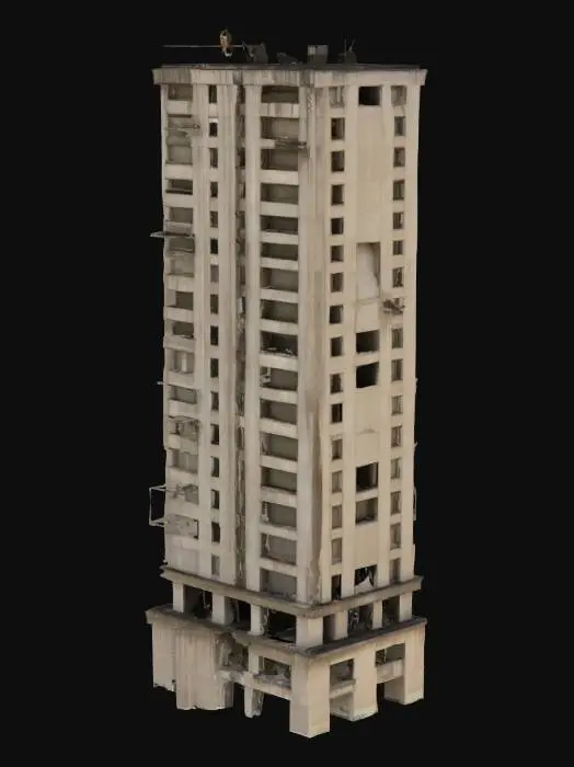 3D model for An imposing, unfinished skyscraper, its concrete skeleton partially exposed and stained with age, presents a rugged, brutalist aesthetic. Sections are clad with mismatched, dirty window panes, some shattered or missing, revealing dark, cavernous interiors. The building's surfaces show weathered concrete textures, with rebar protruding and debris scattered on ledges, giving it a decaying, rough tactile quality. Its shape is a tall, tapering rectangular tower, with stepped sections at the base, implying a partially completed or deconstructed form.