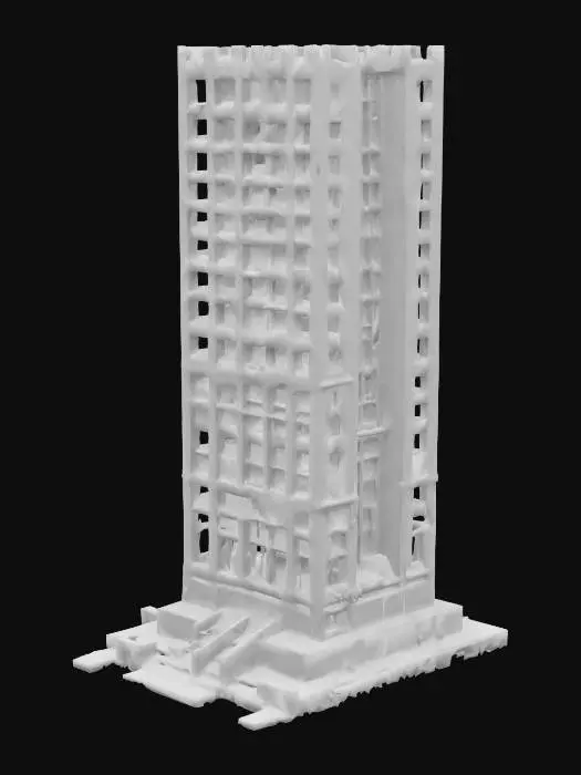 3D model for An imposing, unfinished skyscraper, its concrete skeleton partially exposed and stained with age, presents a rugged, brutalist aesthetic. Sections are clad with mismatched, dirty window panes, some shattered or missing, revealing dark, cavernous interiors. The building's surfaces show weathered concrete textures, with rebar protruding and debris scattered on ledges, giving it a decaying, rough tactile quality. Its shape is a tall, tapering rectangular tower, with stepped sections at the base, implying a partially completed or deconstructed form.