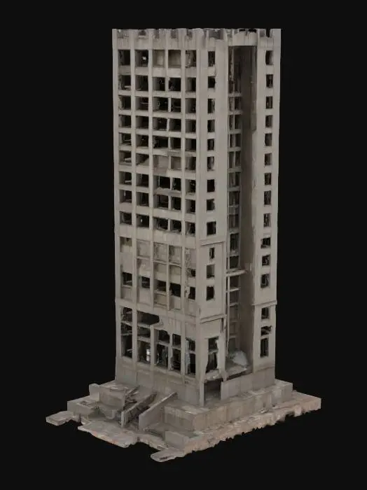 3D model for An imposing, unfinished skyscraper, its concrete skeleton partially exposed and stained with age, presents a rugged, brutalist aesthetic. Sections are clad with mismatched, dirty window panes, some shattered or missing, revealing dark, cavernous interiors. The building's surfaces show weathered concrete textures, with rebar protruding and debris scattered on ledges, giving it a decaying, rough tactile quality. Its shape is a tall, tapering rectangular tower, with stepped sections at the base, implying a partially completed or deconstructed form.