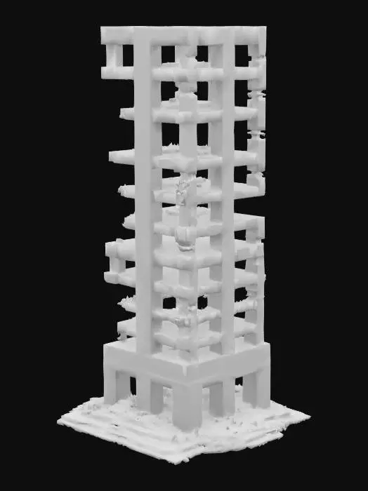 3D model for An imposing, unfinished skyscraper, its concrete skeleton partially exposed and stained with age, presents a rugged, brutalist aesthetic. Sections are clad with mismatched, dirty window panes, some shattered or missing, revealing dark, cavernous interiors. The building's surfaces show weathered concrete textures, with rebar protruding and debris scattered on ledges, giving it a decaying, rough tactile quality. Its shape is a tall, tapering rectangular tower, with stepped sections at the base, implying a partially completed or deconstructed form.