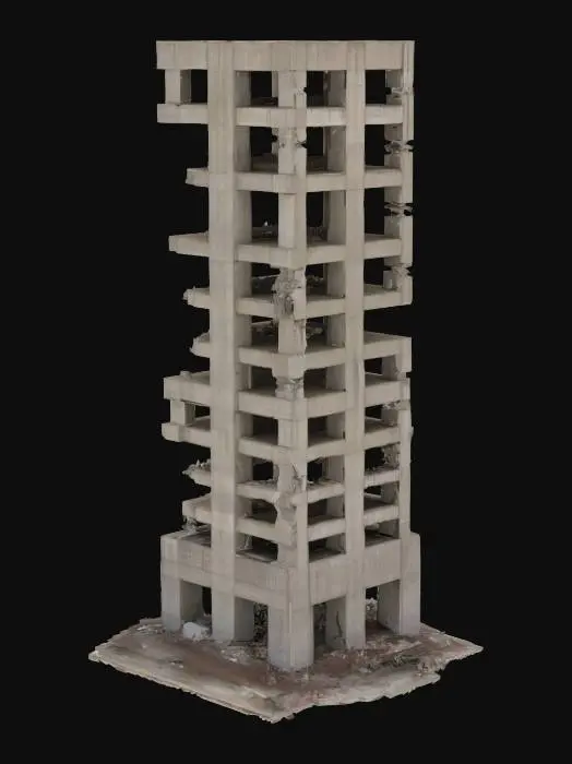 3D model for An imposing, unfinished skyscraper, its concrete skeleton partially exposed and stained with age, presents a rugged, brutalist aesthetic. Sections are clad with mismatched, dirty window panes, some shattered or missing, revealing dark, cavernous interiors. The building's surfaces show weathered concrete textures, with rebar protruding and debris scattered on ledges, giving it a decaying, rough tactile quality. Its shape is a tall, tapering rectangular tower, with stepped sections at the base, implying a partially completed or deconstructed form.