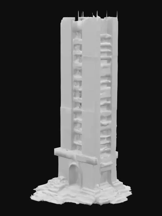 3D model for An imposing, unfinished skyscraper, its concrete skeleton partially exposed and stained with age, presents a rugged, brutalist aesthetic. Sections are clad with mismatched, dirty window panes, some shattered or missing, revealing dark, cavernous interiors. The building's surfaces show weathered concrete textures, with rebar protruding and debris scattered on ledges, giving it a decaying, rough tactile quality. Its shape is a tall, tapering rectangular tower, with stepped sections at the base, implying a partially completed or deconstructed form.